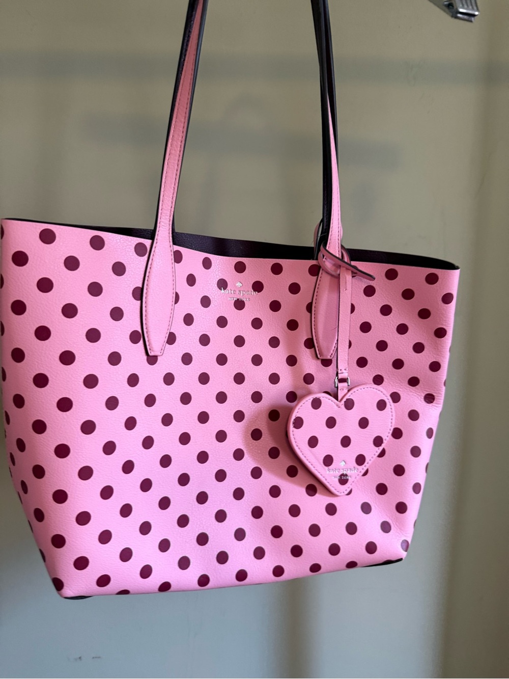 kate spade Pink Tote with Burgundy Polka Dots and Heart Charm